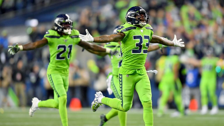Tedric Thompson #33 of the Seattle Seahawks is pumped after a game changing interception in the fourth quarter of the game against the Los Angeles Rams at CenturyLink Field on October 03, 2019 in Seattle, Washington. The Seattle Seahawks top the Los Angeles Rams 30-29. 