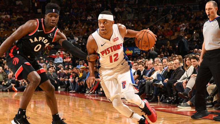 Tim Frazier of the Detroit Pistons drives to the basket against the Toronto Raptors