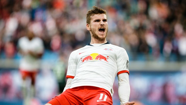 Timo Werner of RB Leipzig celebrates his goal during the Bundesliga match between RB Leipzig and VfL Wolfsburg at Red Bull Arena
