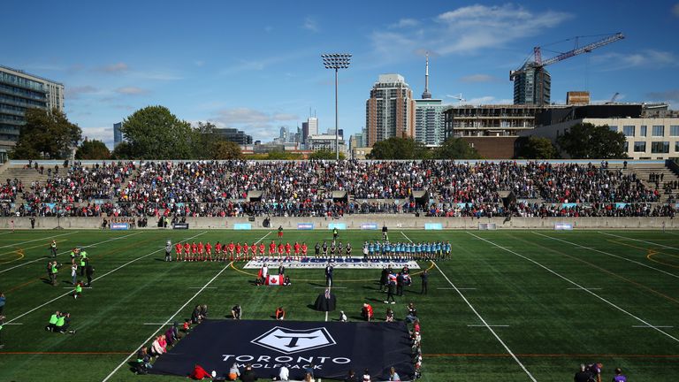 Picture by Vaughn Ridley/SWpix.com - 05/10/2019 - Rugby League - Betfred Championship Grand Final - Toronto Wolfpack v Featherstone Rovers - Lamport Stadium, Toronto, Canada - The teams lineup for the anthems.