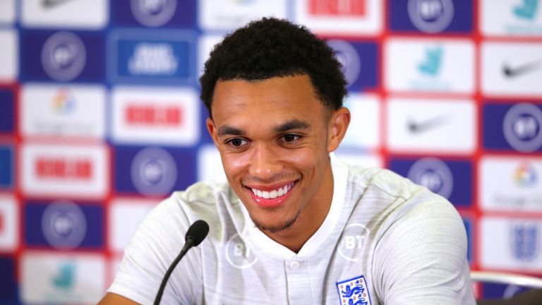 Trent Alexander-Arnold of England faces the media during a press conference at St Georges Park on October 08, 2019 in Burton-upon-Trent, England. 