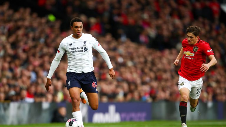 Trent Alexander-Arnold on the ball for Liverpool at Old Trafford in October 2019 as Daniel James of Manchester United chases him