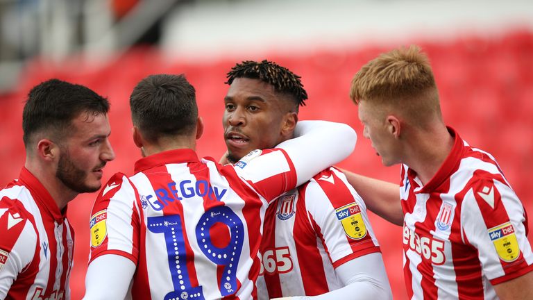 Stoke City's Tyrese Campbell celebrates scoring his side's first goal of the game