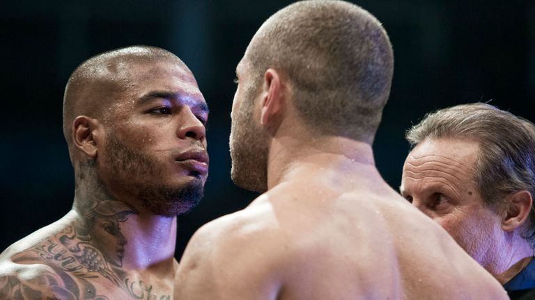 Tyrone Spong (left) and Gohkan Saki face each other before the final fight for the Light Heavyweight World title on April 12, 2014 in Istanbul, Turkey.