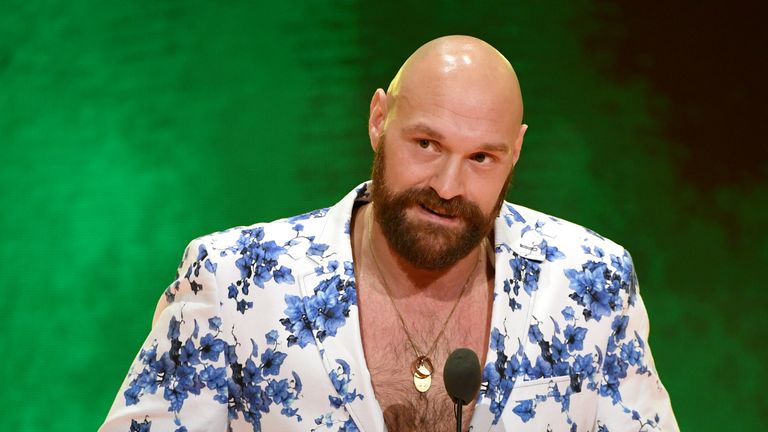 Heavyweight boxer Tyson Fury speaks at a WWE news conference at T-Mobile Arena on October 11, 2019 in Las Vegas, Nevada. Fury will face WWE wrestler Braun Strowman and WWE champion Brock Lesnar will take on former UFC heavyweight champion Cain Velasquez at the WWE&#39;s Crown Jewel event at Fahd International Stadium in Riyadh, Saudi Arabia on October 31. 