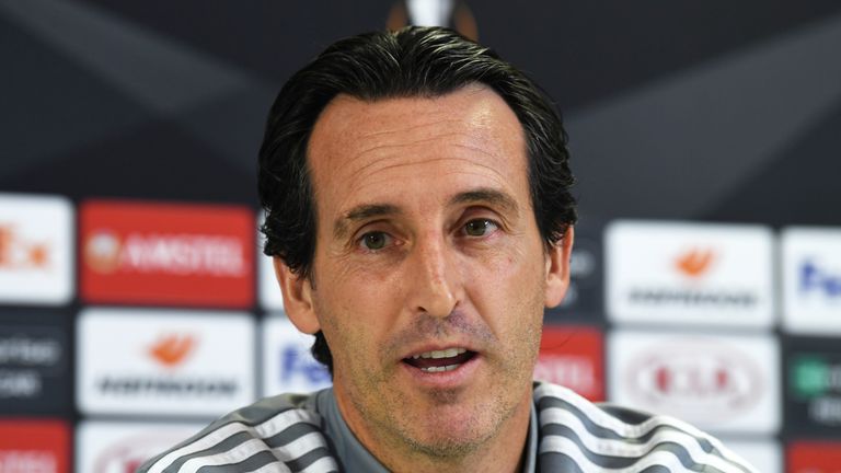 Unai Emery during a Europa League press conference at London Colney on the eve of Arsenal's match against Standard Liege