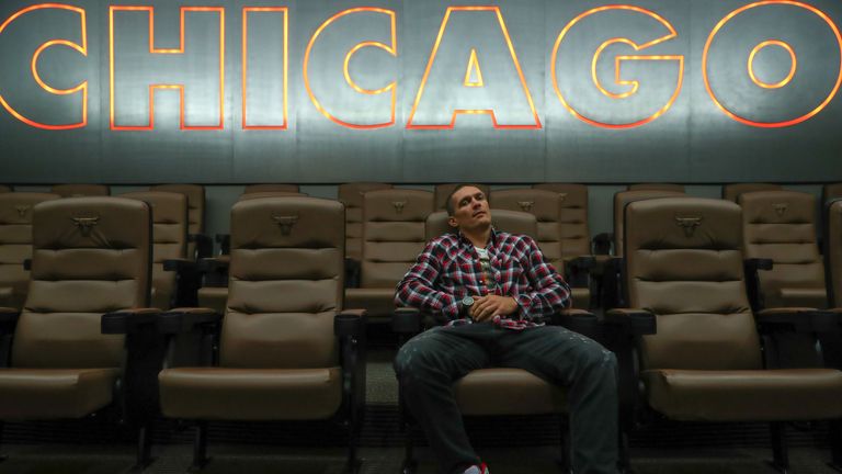 October 8, 2019; Chicago, IL, USA; Oleksandr Usyk visits the Chicago Bulls practice ahead of his fight Saturday night at the Wintrust Center in Chicago . Mandatory Credit: Ed Mulholland/Matchroom Boxing USA