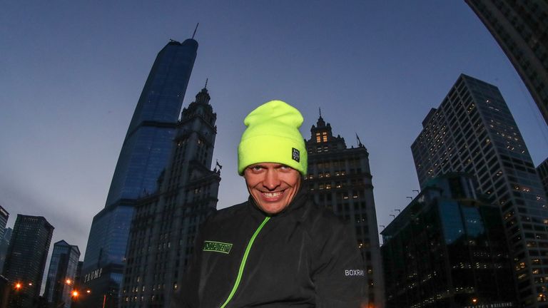 October 9, 2019; Chicago, IL, USA;  Oleksandr Usyk works out for media and fans ahead of his heavyweight debut Saturday night at the Wintrust Center in Chicago . Mandatory Credit: Ed Mulholland/Matchroom Boxing USA