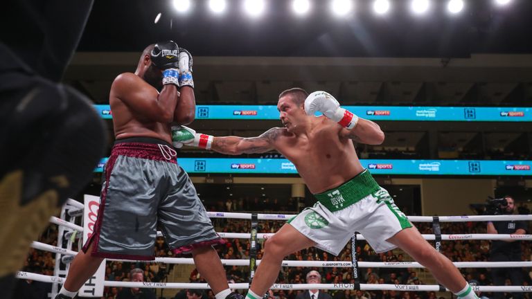 October 12, 2019; Chicago, IL, USA; Oleksandr Usyk and Chazz Witherspoon during their October 12, 2019 Matchroom Boxing USA fight at the Wintrust Arena. Mandatory Credit: Ed Mulholland/Matchroom Boxing USA