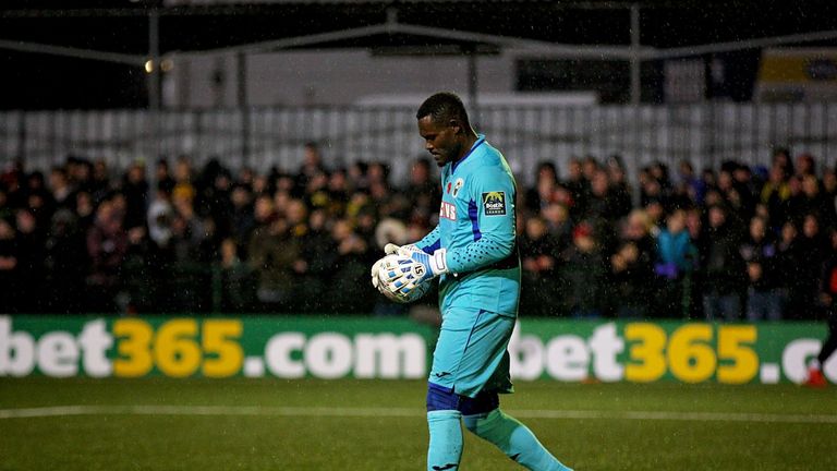 Haringey Borough goalkeeper Valery Pajetat during an FA Cup 1st round match in 2018