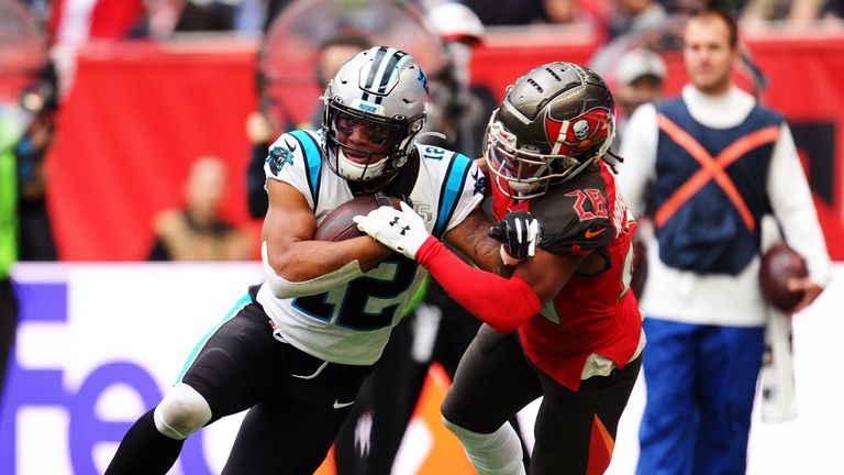LONDON, ENGLAND - OCTOBER 13: Vernon Hargreaves of Tampa Bay Buccaneers tackles DJ Moore of Carolina Panthers during the NFL match between the Carolina Panthers and Tampa Bay Buccaneers at Tottenham Hotspur Stadium on October 13, 2019 in London, England. (Photo by Alex Burstow/Getty Images)