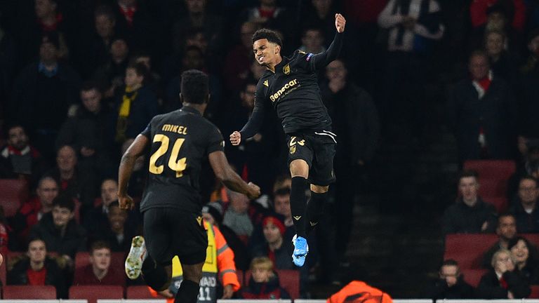 Marcus Edwards celebrates putting Vitoria ahead against Arsenal