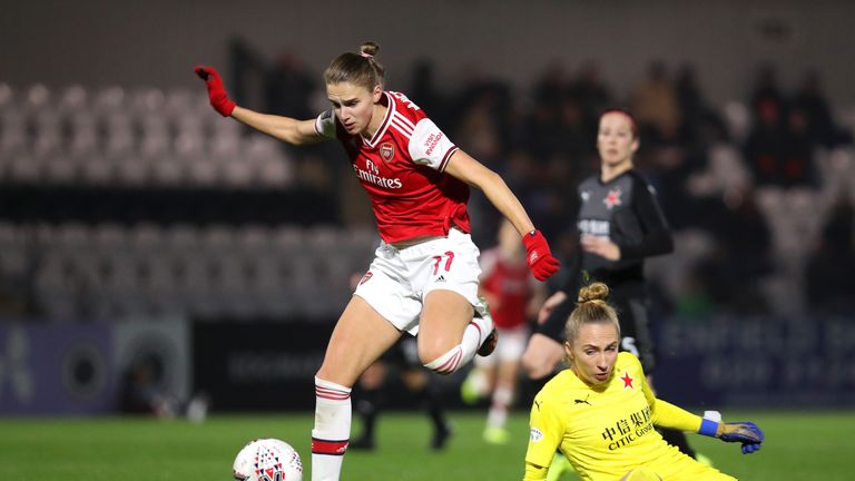 Vivianne Miedema takes the ball past Barbora Votikova during Thursday's match