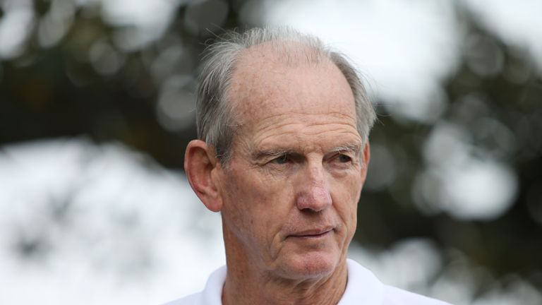 SYDNEY, AUSTRALIA - OCTOBER 16: Wayne Bennett head coach of England speaks to the media during the Rugby League World Nines media opportunity at the Royal Botanic Gardens on October 16, 2019 in Sydney, Australia. (Photo by Jason McCawley/Getty Images)