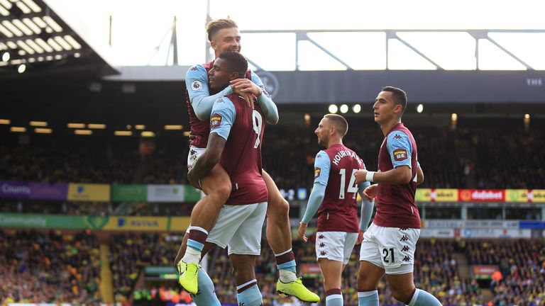 Wesley of Aston Villa celebrates after scoring his team's second goal with Jack Grealish of Aston Villa during the Premier League match between Norwich City and Aston Villa at Carrow Road 