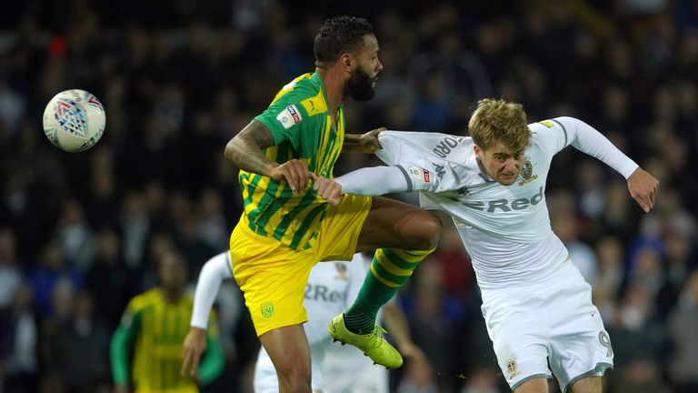 West Bromwich Albion's Kyle Bartley and Leeds United's Patrick Bamford battle for the ball during the Sky Bet Championship match at Elland Road, Leeds. PA Photo. Picture date: Tuesday October 1, 2019. See PA story SOCCER Leeds. Photo credit should read: Ian Hodgson/PA Wire. RESTRICTIONS: EDITORIAL USE ONLY No use with unauthorised audio, video, data, fixture lists, club/league logos or "live" services. 