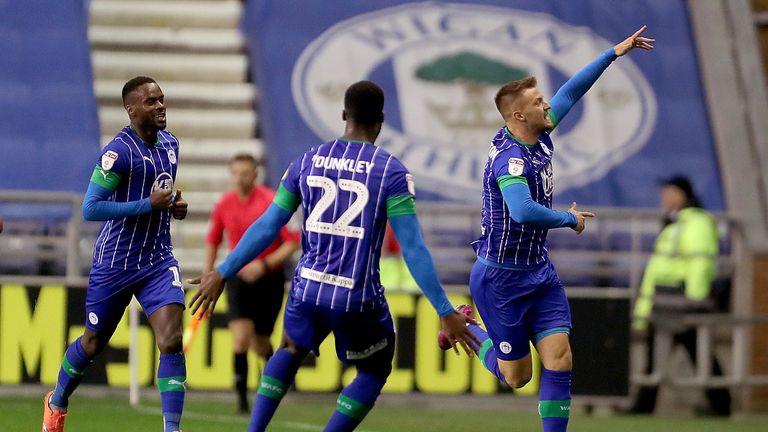 Wigan Athletic's Anthony Pilkington celebrates  his goal