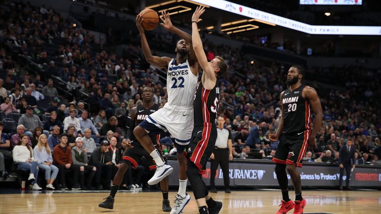 Andrew Wiggins of the Minnesota Timberwolves shoots the ball against the Miami Heat