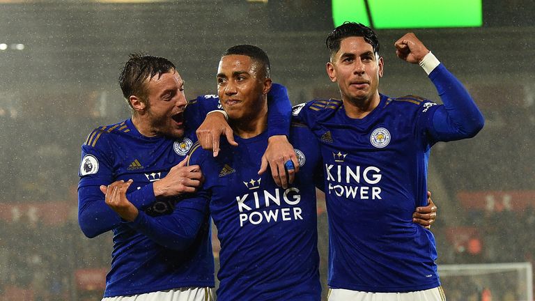 Youri Tielemens celebrates putting Leicester 2-0 up against Southampton