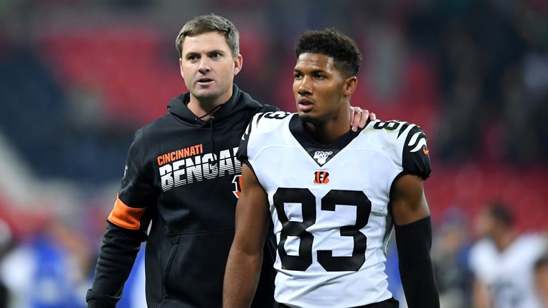 LONDON, ENGLAND - OCTOBER 27: Cincinnati Bengals head coach, Zac Taylor talks to Tyler Boyd after the NFL game between Cincinnati Bengals and Los Angeles Rams at Wembley Stadium on October 27, 2019 in London, England. (Photo by Alex Davidson/Getty Images)