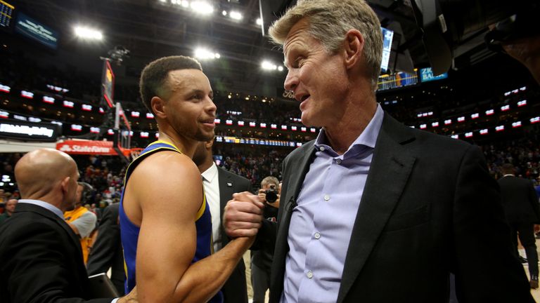 Stephen Curry and Steve Kerr pictured during the 2019 NBA Finals