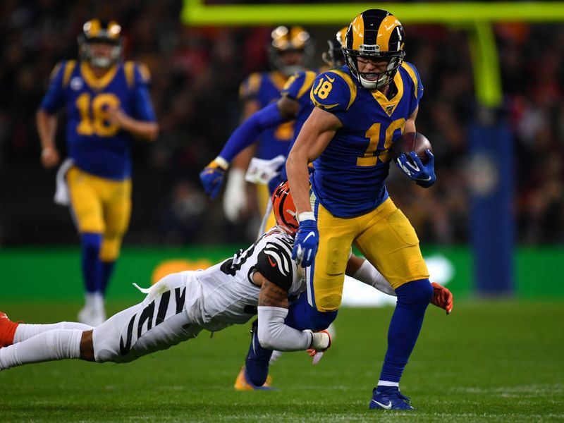 London, UK. 27 October 2019. Rams Quarterback, Jared Goff (16) throws a  pass during the NFL match Cincinnati Bengals v Los Angeles Rams at Wembley  Stadium, game 3 of this year's NFL