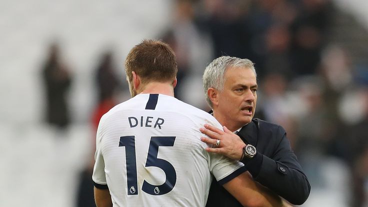 Eric Dier and Jose Mourinho during the Premier League match between West Ham United and Tottenham Hotspur at London Stadium on November 23, 2019 in London, United Kingdom. (Photo by Catherine Ivill/Getty Images)