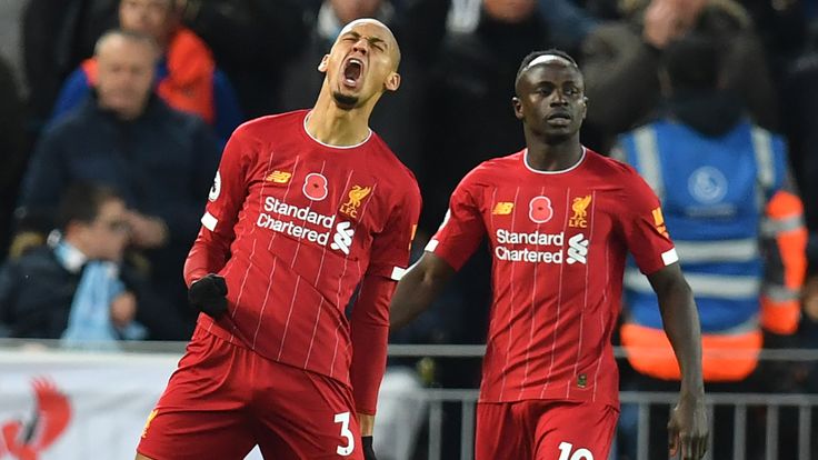 Fabinho celebrates scoring for Liverpool vs Man City