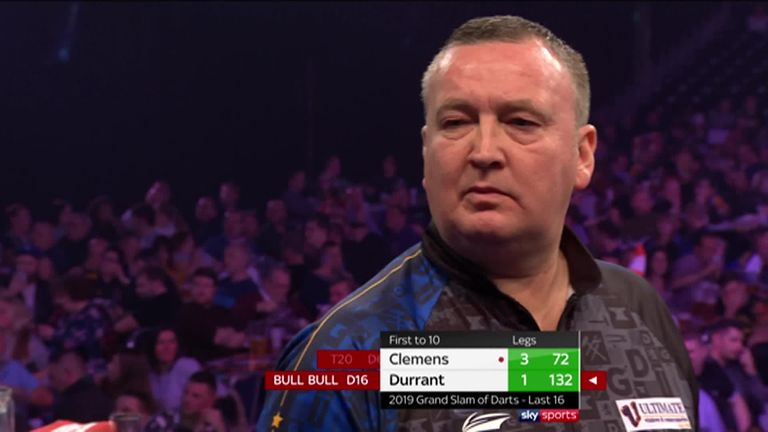 Glen Durrant breaks Gabriel Clemens with a 132 checkout in their last 16 match at the Grand Slam of Darts