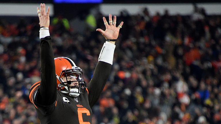 Baker Mayfield celebrates a touchdown against the Steelers