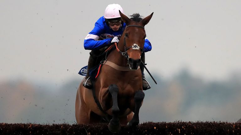 Cyrname ridden by Harry Cobden jumps a fence on the first lap prior to going on to win The Christy 1965 Steeplechase during day two of the Discover Racehorse Ownership Weekend at Ascot Racecourse. PA Photo. Picture date: Saturday November 23, 2019. See PA story RACING Ascot. Photo credit should read: Simon Cooper/PA Wire.