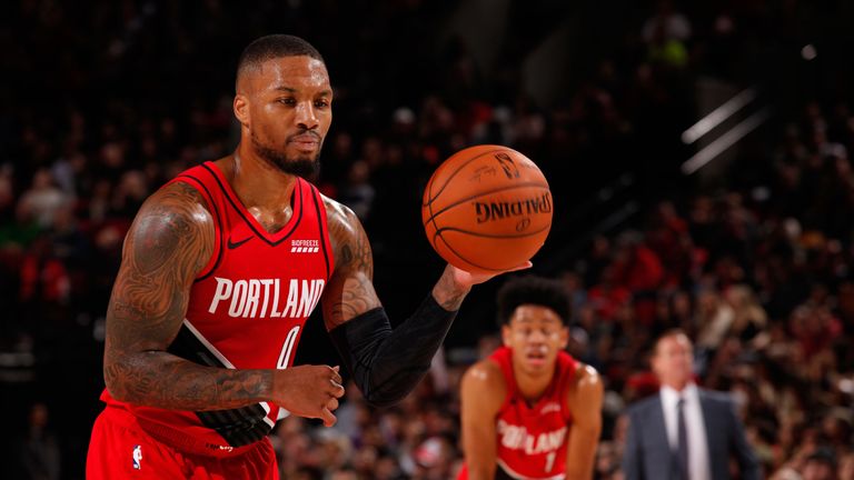 Damian Lillard prepared to take a free throw en route to 60 points against the Nets