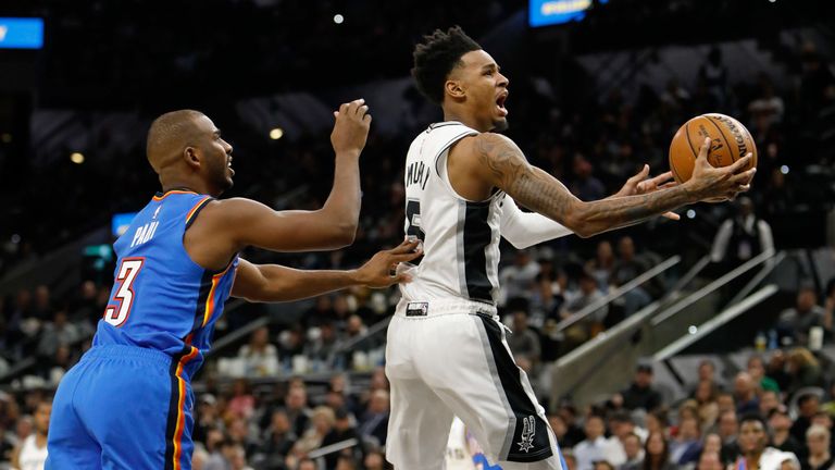 Dejounte Murray elevates to the rim against the Thunder