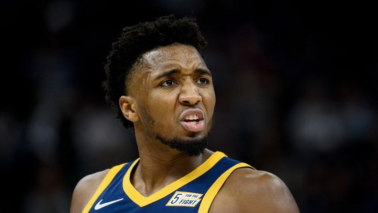 Donovan Mitchell questions a call during Utah&#39;s win over New Orleans