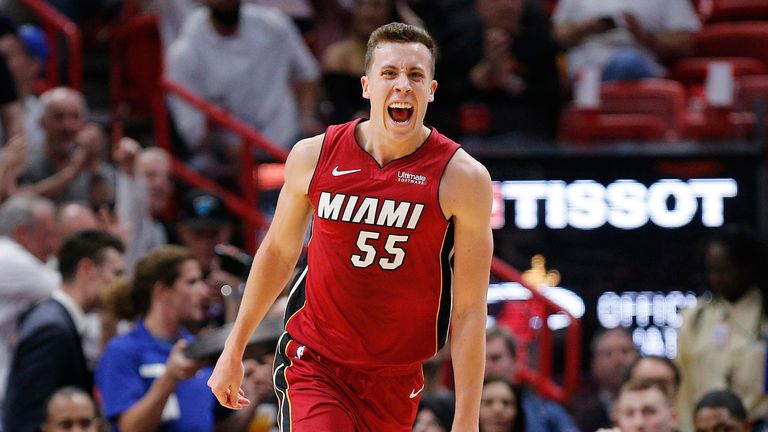 Duncan Robinson celebrates a three-pointer during Miami&#39;s win over Cleveland