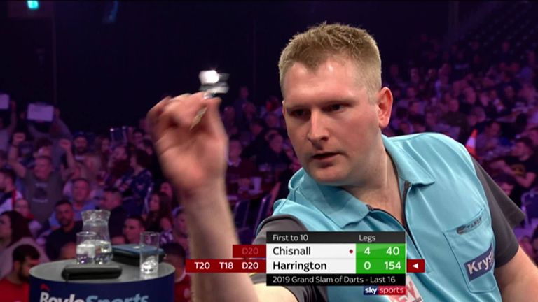 Ryan Harrington records a superb 154 checkout to win his first leg against Dave Chisnall at the Grand Slam of Darts