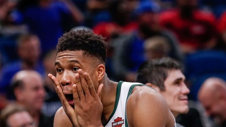 Giannis Antetokounmpo&#39;s reacts to team-mates dunk during the Bucks win over Magic