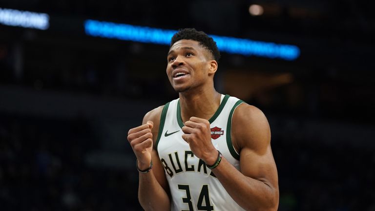 Giannis Antetokounmpo reacts after scoring during Milwaukee's win over Minnesota
