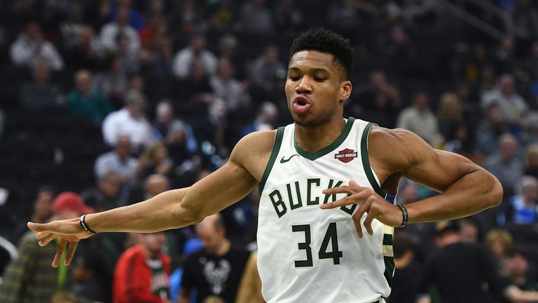 Giannis Antetokounmpo celebrates a basket en route to 50 points against the Utah Jazz