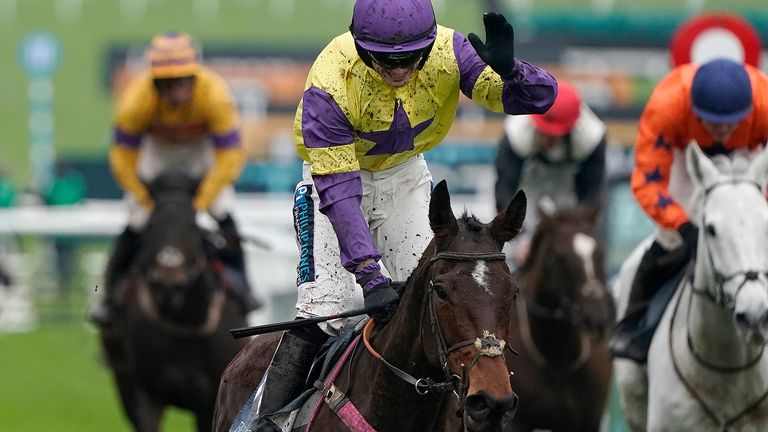 CHELTENHAM, ENGLAND - NOVEMBER 16: Richard Patrick riding Happy Diva win The BetVictor Gold Cup Handicap Chase at Cheltenham Racecourse on November 16, 2019 in Cheltenham, England. (Photo by Alan Crowhurst/Getty Images)