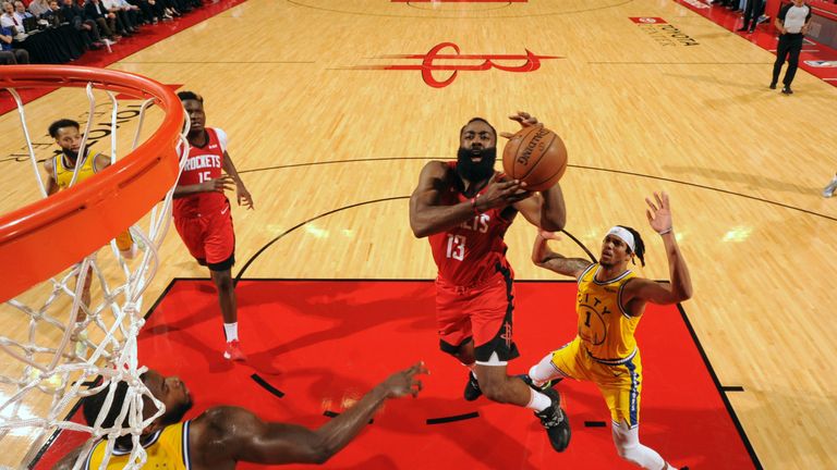 James Harden elevates to the rim against the Golden State Warriors