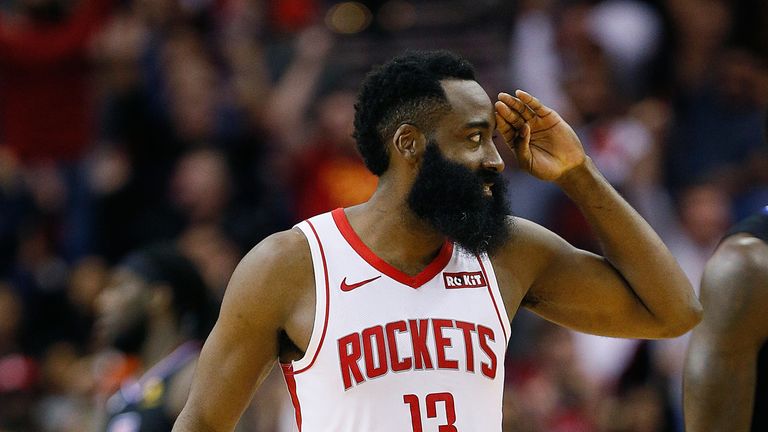 James Harden salutes the crowd after hitting seven three-pointers against the Clippers