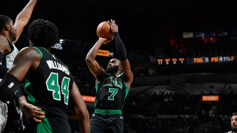 Jaylen Brown raises up for a jump shot against the San Antonio Spurs