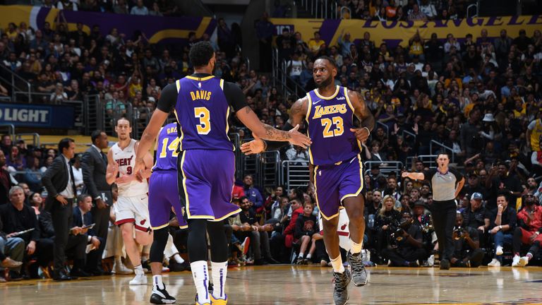 Anthony Davis and LeBron James celebrate during the Lakers&#39; win over the Heat