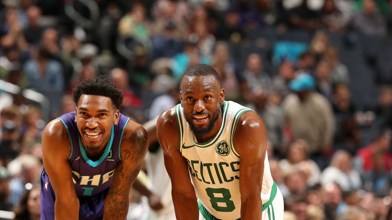 Former team-mates Malik Monk and Kemba Walker share a laugh in Boston&#39;s win over Charlotte