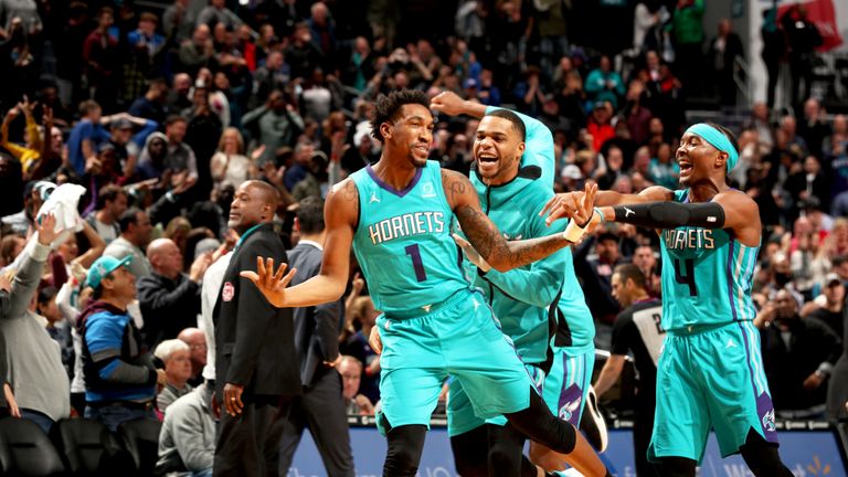 Malik Monk celebrates after draining a game-winning three-pointer against the Pistons
