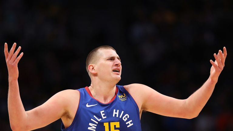 Nikola Jokic argues a call during the Nuggets' dramatic win over the 76ers