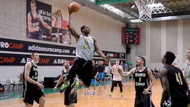 Ovie Soko soars for a dunk during Adidas Eurocamp