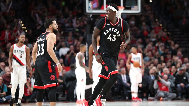 Pascal Siakam smiles after draining a shot against the Portland Trail Blazers