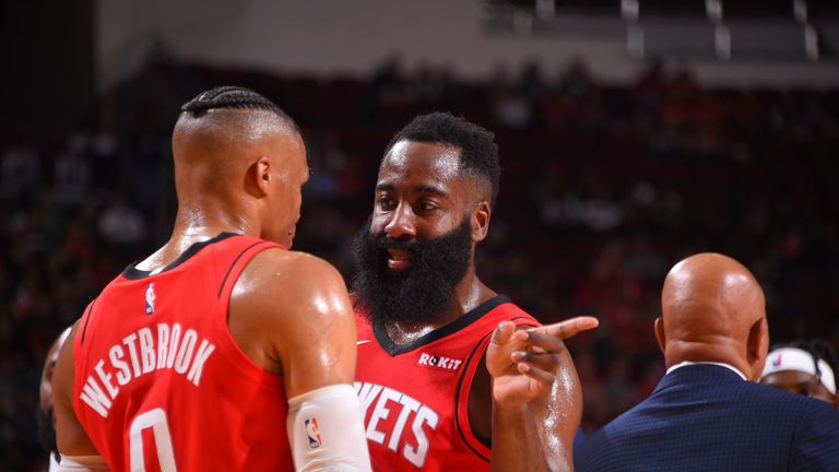 James Harden shares instructions with Russell Westbrook
